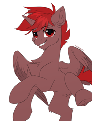 Size: 2000x2641 | Tagged: safe, artist:redchetgreen, oc, oc only, oc:hardy, alicorn, pony, alicorn oc, belly, belly fluff, cheek fluff, chest fluff, chin fluff, colored sketch, concave belly, ear fluff, fluffy, grin, high res, hoof fluff, horn, leg fluff, looking at you, male, partially open wings, red eyes, signature, simple background, slender, smiling, smiling at you, solo, stallion, thin, underhoof, white background, wing fluff, wings