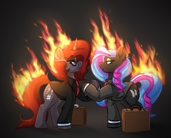 Size: 2872x2312 | Tagged: safe, artist:witchtaunter, oc, oc only, oc:curse word, oc:obabscribbler, earth pony, pony, unicorn, black background, briefcase, chest fluff, clothes, commission, duo, ear fluff, earth pony oc, female, fire, glasses, high res, hoofshake, horn, lidded eyes, mare, on fire, pink floyd, simple background, standing, suit, unicorn oc, wish you were here