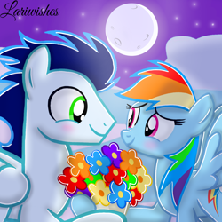 Size: 1300x1300 | Tagged: safe, artist:mlplary6, rainbow dash, soarin', pegasus, pony, g4, blushing, bouquet, bouquet of flowers, boyfriend and girlfriend, female, flower, holding, looking at each other, looking at someone, male, mare, moonlight, ship:soarindash, shipping, smiling, smiling at each other, stallion, straight