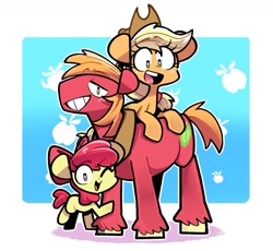 Size: 1472x1355 | Tagged: safe, artist:sourspot, apple bloom, applejack, big macintosh, earth pony, pony, g4, adorabloom, apple bloom's bow, apple siblings, apple sisters, applejack's hat, big macintosh's yoke, bow, brother and sister, cowboy hat, cute, female, hair bow, hat, horse collar, jackabetes, macabetes, male, mare, one eye closed, open mouth, siblings, sisters, smiling, stallion, stetson, trio, wink