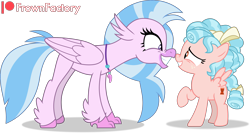 Size: 3515x1870 | Tagged: safe, artist:frownfactory, cozy glow, silverstream, hippogriff, pegasus, pony, g4, bow, duo, duo female, female, filly, foal, folded wings, grin, hair bow, height difference, high res, jewelry, looking at each other, looking at someone, necklace, nervous, nervous smile, nose to nose, nose wrinkle, personal space invasion, raised hoof, shadow, signature, simple background, smiling, smiling at each other, spread wings, transparent background, vector, wings