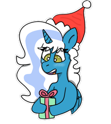 Size: 692x774 | Tagged: safe, artist:swagamuffin1221, oc, oc only, oc:fleurbelle, alicorn, pony, alicorn oc, christmas, happy, hat, holiday, horn, present, santa hat, simple background, solo, transparent background, wings, yellow eyes