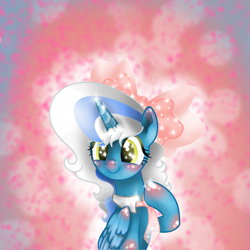 Size: 894x894 | Tagged: safe, artist:tiniflour10, oc, oc only, oc:fleurbelle, alicorn, pony, alicorn oc, ascot, bow, cute, female, gift art, hair bow, horn, mare, pink background, shiny, solo, wings