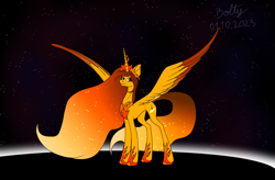 Size: 4822x3157 | Tagged: safe, artist:lightning bolty, oc, oc:blazy thunderbolty, alicorn, pony, alicorn oc, black hole, colored, colored wings, concave belly, crown, ear fluff, ethereal hair, ethereal mane, ethereal tail, female, goddess, goddess of speed, gradient mane, gradient tail, gradient wings, high res, hoof shoes, horn, jewelry, large wings, lightning bolty mom, lightning bolty parents, long horn, long legs, long mane, long tail, mare, multicolored wings, peytral, princess shoes, regalia, signature, slender, solo, space, speed goddess, spread wings, standing, starry mane, starry tail, stars, sternocleidomastoid, tail, tall, thin, wings