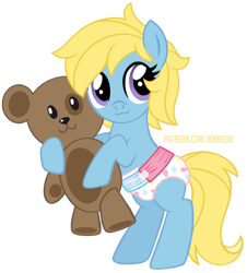 Size: 800x884 | Tagged: safe, artist:jennieoo, oc, oc only, oc:cream, bear, earth pony, pony, cute, diaper, earth pony oc, gift art, hug, non-baby in diaper, patreon, patreon reward, plushie, show accurate, simple background, sketch, solo, teddy bear, toy, transparent background