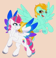 Size: 1600x1671 | Tagged: safe, artist:thehaywaiianhorse, lightning dust, zipp storm, pegasus, pony, g4, g5, duo, female, looking at each other, looking at someone, mare, obtrusive watermark, open mouth, raised hoof, simple background, spread wings, unshorn fetlocks, watermark, wings