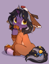 Size: 2894x3787 | Tagged: safe, artist:sofiko-ko, oc, oc:rivibaes, pony, unicorn, bell, clothes, cookie, costume, eating, female, filly, foal, food, high res, horn, kigurumi, looking at you, solo, stars, unicorn oc