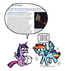 Size: 536x575 | Tagged: safe, artist:punkittdev, rainbow dash, twilight sparkle, alicorn, pegasus, pony, g4, beast megatron, beast wars, book, dialogue, duo, duo female, excited, female, horsecomix, motion lines, simple background, speech bubble, that pony sure does love books, transformers, twilight sparkle (alicorn), union jack, wikipedia