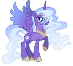 Size: 1280x1155 | Tagged: safe, artist:lanternik, oc, oc only, alicorn, pony, alicorn oc, base used, concave belly, deviantart watermark, eyelashes, female, hoof shoes, horn, jewelry, mare, obtrusive watermark, parent:princess luna, peytral, raised hoof, regalia, simple background, slender, solo, spread wings, thin, transparent background, watermark, wings