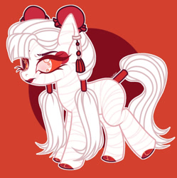 Size: 1024x1027 | Tagged: safe, artist:justsadluna, oc, oc only, earth pony, pony, earth pony oc, hoof polish, mummy, red background, simple background, solo, tail, tail wrap