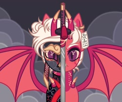 Size: 1280x1070 | Tagged: safe, artist:justsadluna, oc, oc only, demon, demon pony, pony, eyelashes, makeup, solo, spread wings, sword, tattoo, weapon, wings