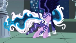 Size: 8075x4525 | Tagged: safe, artist:duchesspheonixglow, princess luna, oc, oc:dreamlight glimmer, alicorn, pony, friendship is magic, g4, character swap, duo, ethereal mane, female, hoof shoes, mare, neck nuzzle, nightmare luna, smiling, starry mane