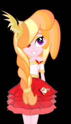 Size: 446x770 | Tagged: safe, artist:duchesspheonixglow, oc, oc only, human, equestria girls, g4, black background, clothes, female, grin, hair over one eye, simple background, skirt, smiling, solo