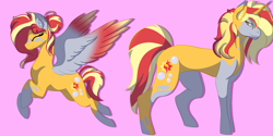 Size: 1124x564 | Tagged: safe, artist:brybrychan, derpy hooves, sunset shimmer, pegasus, pony, unicorn, g4, clothes, coat markings, eyes closed, female, flying, fusion, fusion:derpy hooves, mare, pink background, simple background, smiling, socks, socks (coat markings), wings