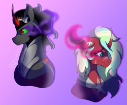 Size: 665x547 | Tagged: safe, artist:brybrychan, king sombra, oc, oc:stardust (brybrychan), pony, unicorn, g4, bust, clothes, duo, father and child, father and daughter, female, frown, gradient background, horn, male, mare, parent:king sombra, smiling, sombra eyes, stallion, unicorn oc