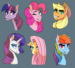 Size: 2200x2000 | Tagged: safe, artist:tooneychaos, applejack, fluttershy, pinkie pie, rainbow dash, rarity, twilight sparkle, earth pony, pegasus, pony, unicorn, g4, blue background, bust, female, floppy ears, grin, high res, mane six, mare, simple background, smiling