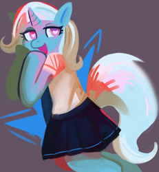 Size: 996x1080 | Tagged: safe, artist:cherivinca, trixie, unicorn, semi-anthro, g4, arm hooves, clothes, heart, heart eyes, lidded eyes, looking at you, looking back, looking back at you, open mouth, open smile, skirt, smiling, solo, wingding eyes
