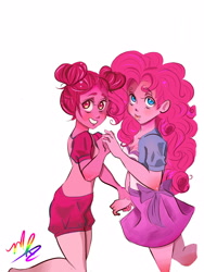 Size: 3000x4000 | Tagged: safe, artist:araigummy, pinkie pie, gem (race), human, equestria girls, g4, spoiler:steven universe: the movie, crossover, default spinel, duo, duo female, female, gem, holding hands, looking at you, pink, simple background, spinel, spinel (steven universe), spoilers for another series, steven universe, steven universe: the movie, white background