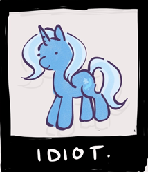 Size: 738x864 | Tagged: safe, artist:cloverquil, trixie, pony, unicorn, g4, chibi, cropped, dot eyes, female, gray background, idiot, mare, simple background, smiling, solo, text