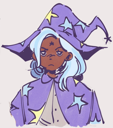 Size: 1080x1218 | Tagged: safe, artist:cloverquil, trixie, human, g4, cape, clothes, cropped, dark skin, female, gray background, half body, hat, humanized, looking at you, simple background, solo, star mark, stars, trixie's cape, trixie's hat, unamused