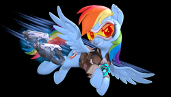 Size: 3840x2160 | Tagged: safe, artist:owlpirate, rainbow dash, pegasus, pony, g4, 3d, 4k, black background, bomber jacket, clothes, female, flying, goggles, grin, gun, handgun, high res, jacket, mare, overwatch, pistol, rainbow tracer, simple background, smiling, source filmmaker, spread wings, tracer, wings