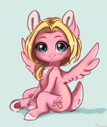 Size: 2421x2874 | Tagged: safe, artist:miokomata, oc, oc only, oc:mio, pegasus, pony, chest fluff, chibi, freckles, high res, looking at you, pegasus oc, smiling, solo, spread wings, wings