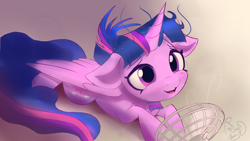 Size: 4038x2271 | Tagged: safe, artist:auroriia, twilight sparkle, alicorn, pony, g4, blushing, cute, fan, floppy ears, gradient background, happy, high res, lying down, open mouth, open smile, prone, smiling, solo, sparkly mane, twiabetes, twilight sparkle (alicorn), wind, windswept mane