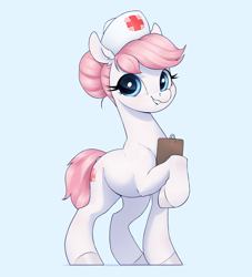 Size: 2800x3080 | Tagged: safe, artist:aquaticvibes, nurse redheart, earth pony, pony, g4, blue background, clipboard, colored hooves, cute, cyan background, ear fluff, female, hair bun, hat, heartabetes, high res, looking at you, mare, nurse hat, simple background, smiling, solo