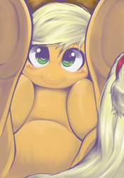 Size: 1668x2388 | Tagged: safe, artist:kurogewapony, applejack, earth pony, pony, g4, applebetes, belly, blushing, cute, female, hooves to the chest, jackabetes, looking at you, mare, smiling, smiling at you, solo, underhoof