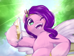 Size: 2194x1668 | Tagged: safe, artist:kurogewapony, pipp petals, pegasus, pony, g5, adorapipp, cellphone, cute, female, hoof hold, lens flare, looking at you, mare, one eye closed, open mouth, open smile, phone, pipp is chubby, smartphone, smiling, smiling at you, solo, wink, winking at you