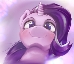 Size: 1918x1668 | Tagged: safe, artist:kurogewapony, starlight glimmer, alicorn, pony, g4, abstract background, blushing, female, looking at you, looking down, looking down at you, low angle, mare, smiling, smiling at you, solo