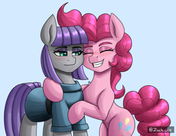 Size: 1723x1331 | Tagged: safe, artist:zachc, maud pie, pinkie pie, earth pony, pony, g4, autograph, big ears, blue background, blushing, cyan background, duo, eyebrows, eyes closed, female, grin, hug, open mouth, sibling love, siblings, signature, simple background, sisterly love, sisters, smiling, tooth, when she smiles
