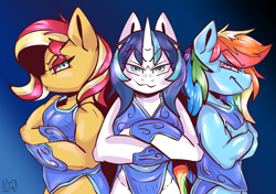Size: 2127x1500 | Tagged: safe, artist:cosmiclitgalaxy, rainbow dash, shining armor, sunset shimmer, anthro, g4, commission, crossed arms, fanfic art, nightmare moon armor, trio