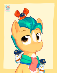 Size: 1015x1285 | Tagged: safe, artist:rainbow eevee, hitch trailblazer, mcsnips-a-lot, bird, crab, earth pony, pony, g5, my little pony: tell your tale, badge, brown eyes, chest fluff, clothes, coat markings, critter magnet, cute, eyebrows, frown, hat, hitch trailblazer is not amused, hitchbetes, lidded eyes, looking at you, male, orange coat, police hat, scarf, simple background, solo, two toned mane, unamused