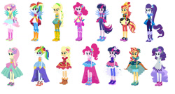 Size: 1280x687 | Tagged: safe, artist:diana173076, artist:selenaede, applejack, fluttershy, pinkie pie, rainbow dash, rarity, sunset shimmer, twilight sparkle, alicorn, human, equestria girls, g4, my little pony equestria girls: legend of everfree, alternate hairstyle, alternate universe, base used, boots, clothes swap, cowboy boots, crystal guardian, female, high heel boots, humane five, humane seven, humane six, ponied up, shoes, simple background, twilight sparkle (alicorn), white background