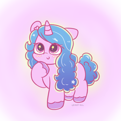 Size: 2048x2048 | Tagged: safe, artist:limitmj, izzy moonbow, pony, unicorn, bridlewood spog, g5, my little pony: tell your tale, spoiler:g5, spoiler:my little pony: tell your tale, spoiler:tyts01e43, chibi, cute, female, glowing, glowing hair, glowing mane, glowing tail, gradient background, high res, hoof on chin, izzybetes, mare, smiling, solo, starry eyes, tail, wingding eyes