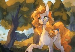 Size: 3240x2281 | Tagged: safe, artist:iheyyasyfox, pear butter, earth pony, pony, g4, the perfect pear, buttercup, female, flower, flower in hair, high res, mare, missing cutie mark, scene interpretation, smiling, solo