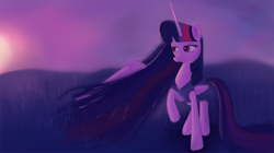 Size: 7000x3908 | Tagged: safe, artist:gentleshy, twilight sparkle, alicorn, pony, g4, absurd resolution, field, long mane, long tail, one wing out, purple, raised hoof, solo, tail, twilight sparkle (alicorn), wings