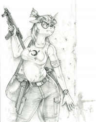 Size: 1100x1396 | Tagged: safe, artist:baron engel, moondancer, unicorn, anthro, g4, belt, breasts, busty moondancer, clothes, fallout, female, glasses, grayscale, gun, horn, monochrome, pants, pencil drawing, solo, story in the source, story included, submachinegun, traditional art, watch, weapon