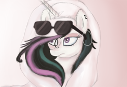 Size: 3000x2052 | Tagged: safe, artist:gentleshy, princess celestia, pony, g4, bust, clothes, ear piercing, earring, hat, high res, hoodie, hooped earrings, jewelry, piercing, punklestia, solo, sunglasses, sunglasses on head