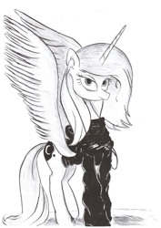 Size: 2488x3509 | Tagged: safe, alternate version, artist:gentleshy, princess luna, alicorn, pony, g4, clothes, earbuds, high res, hoodie, monochrome, s1 luna, solo, style emulation, traditional art