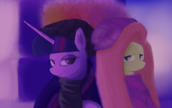 Size: 3000x1894 | Tagged: safe, artist:gentleshy, fluttershy, twilight sparkle, pony, g4, bust, clothes, duo, hat, turtleneck