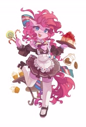 Size: 2785x4096 | Tagged: safe, artist:saxopi, pinkie pie, earth pony, semi-anthro, g4, apron, arm hooves, bow, cake, candy, candy cane, clothes, cookie, cupcake, cute, diapinkes, dress, food, lollipop, shoes, simple background, socks, solo, thigh highs, waitress, white background
