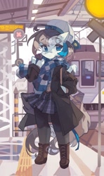 Size: 1215x2048 | Tagged: safe, artist:saxopi, oc, oc only, semi-anthro, arm hooves, bag, boots, clothes, coat, hat, leggings, miniskirt, scarf, shoes, shoulder bag, skirt, solo, train, train station