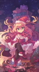 Size: 2217x4096 | Tagged: safe, artist:saxopi, oc, oc only, semi-anthro, antlers, arm hooves, chest fluff, christmas, clothes, dress, hat, holiday, present, santa hat, shoes, sleigh, socks, solo