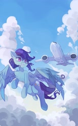 Size: 2529x4096 | Tagged: safe, artist:saxopi, oc, oc only, oc:sierra nightingale, pegasus, pony, boeing, boeing 777, cloud, flying, ge90, general electric, high res, male, pegasus oc, plane, smiling, solo, spread wings, stallion, wings
