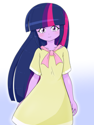 Size: 1668x2224 | Tagged: safe, artist:batipin, twilight sparkle, human, equestria girls, g4, sweet and elite, birthday dress, clothes, delicious flat chest, dress, equestria girls interpretation, female, flatlight sparkle, gradient background, looking at you, scene interpretation, smiling, smiling at you, solo