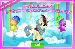 Size: 1965x1300 | Tagged: safe, gameloft, season sunshine, kirin, g4, my little pony: magic princess, advertisement, background character, background kirin, balloon, balloon pop, cloven hooves, english, female, horn, mobile game, numbers, solo, text