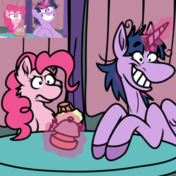 Size: 2048x2048 | Tagged: safe, artist:raspberrylucario, screencap, pinkie pie, twilight sparkle, alicorn, earth pony, pony, a trivial pursuit, g4, duo, grin, height difference, high res, magic, messy mane, physique difference, scene interpretation, screencap reference, smiling, sternocleidomastoid, telekinesis, thin, twilight snapple, twilight sparkle (alicorn), twilynanas