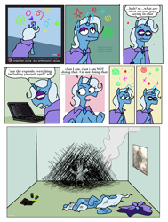 Size: 2452x3248 | Tagged: safe, artist:punkittdev, trixie, pony, unicorn, g4, bad idea, chat, comic, computer, dialogue, explosion, family guy death pose, female, high res, horsecomix, jerma985, laptop computer, lidded eyes, magic, mare, monster energy, open mouth, smoke, solo, speech bubble, squint, streaming, this ended in pain, twitch